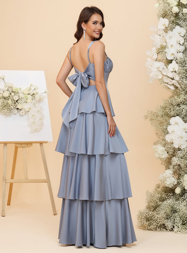 Sweetheart Lightweight Chiffon Blend Ruched Waist Tiered Ruffles Maxi Bridesmaid Dresses with Bow