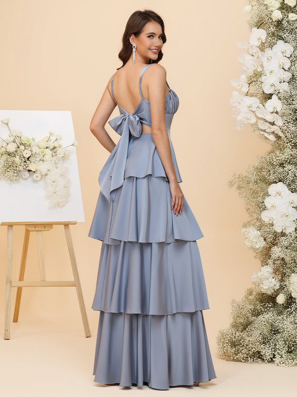 Sweetheart Lightweight Chiffon Blend Ruched Waist Tiered Ruffles Maxi Bridesmaid Dresses with Bow