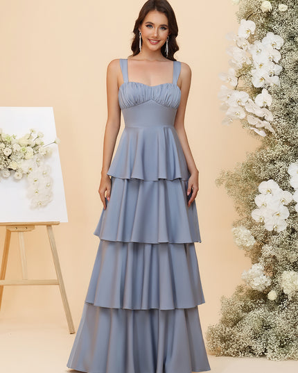 Sweetheart Lightweight Chiffon Blend Ruched Waist Tiered Ruffles Maxi Bridesmaid Dresses with Bow