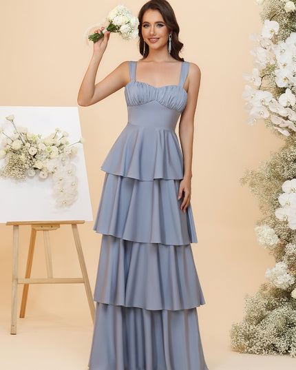 Sweetheart Lightweight Chiffon Blend Ruched Waist Tiered Ruffles Maxi Bridesmaid Dresses with Bow