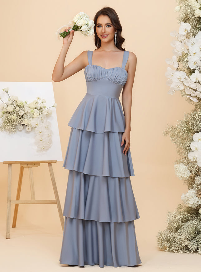 Sweetheart Lightweight Chiffon Blend Ruched Waist Tiered Ruffles Maxi Bridesmaid Dresses with Bow