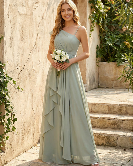 Lightweight Chiffon One Shoulder Ruched Waist Asymmetric Ruffles Maxi Bridesmaid Dresses with Slit