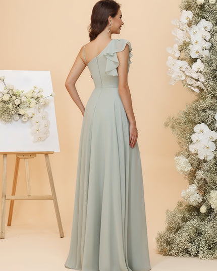 Lightweight Chiffon One Shoulder Ruched Waist Asymmetric Ruffles Maxi Bridesmaid Dresses with Slit