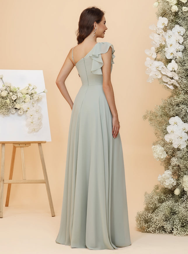 Lightweight Chiffon One Shoulder Ruched Waist Asymmetric Ruffles Maxi Bridesmaid Dresses with Slit