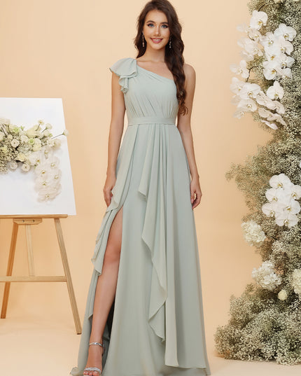 Lightweight Chiffon One Shoulder Ruched Waist Asymmetric Ruffles Maxi Bridesmaid Dresses with Slit