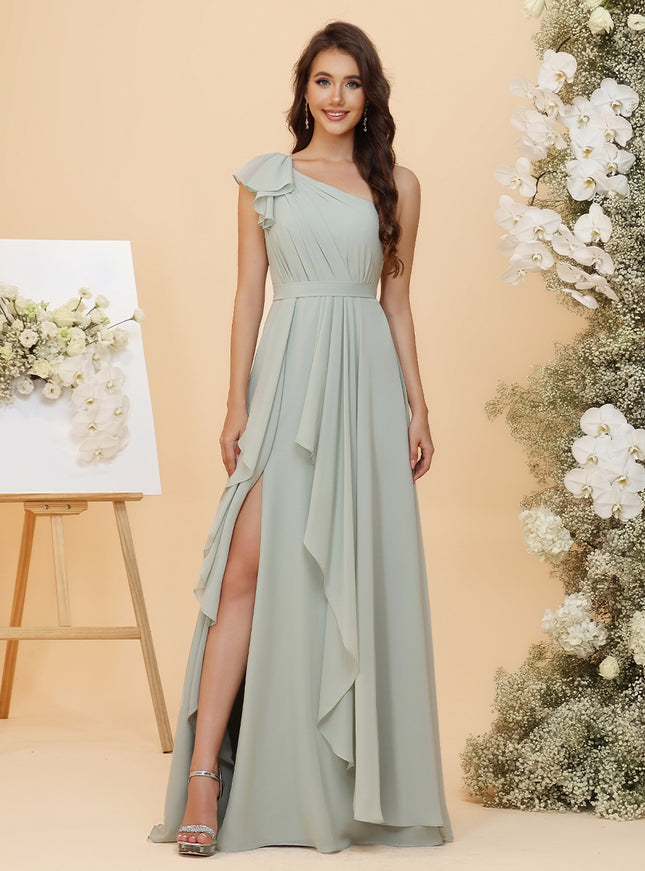 Lightweight Chiffon One Shoulder Ruched Waist Asymmetric Ruffles Maxi Bridesmaid Dresses with Slit