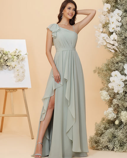 Lightweight Chiffon One Shoulder Ruched Waist Asymmetric Ruffles Maxi Bridesmaid Dresses with Slit