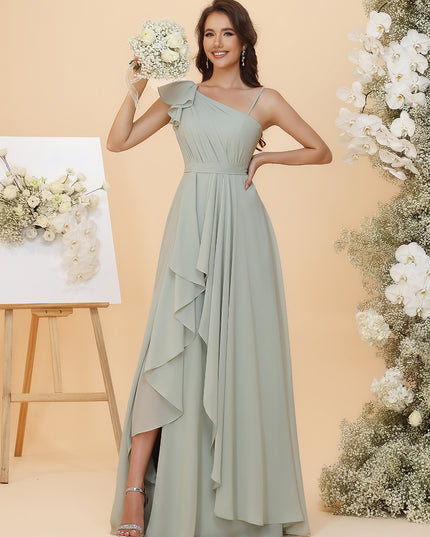 Lightweight Chiffon One Shoulder Ruched Waist Asymmetric Ruffles Maxi Bridesmaid Dresses with Slit