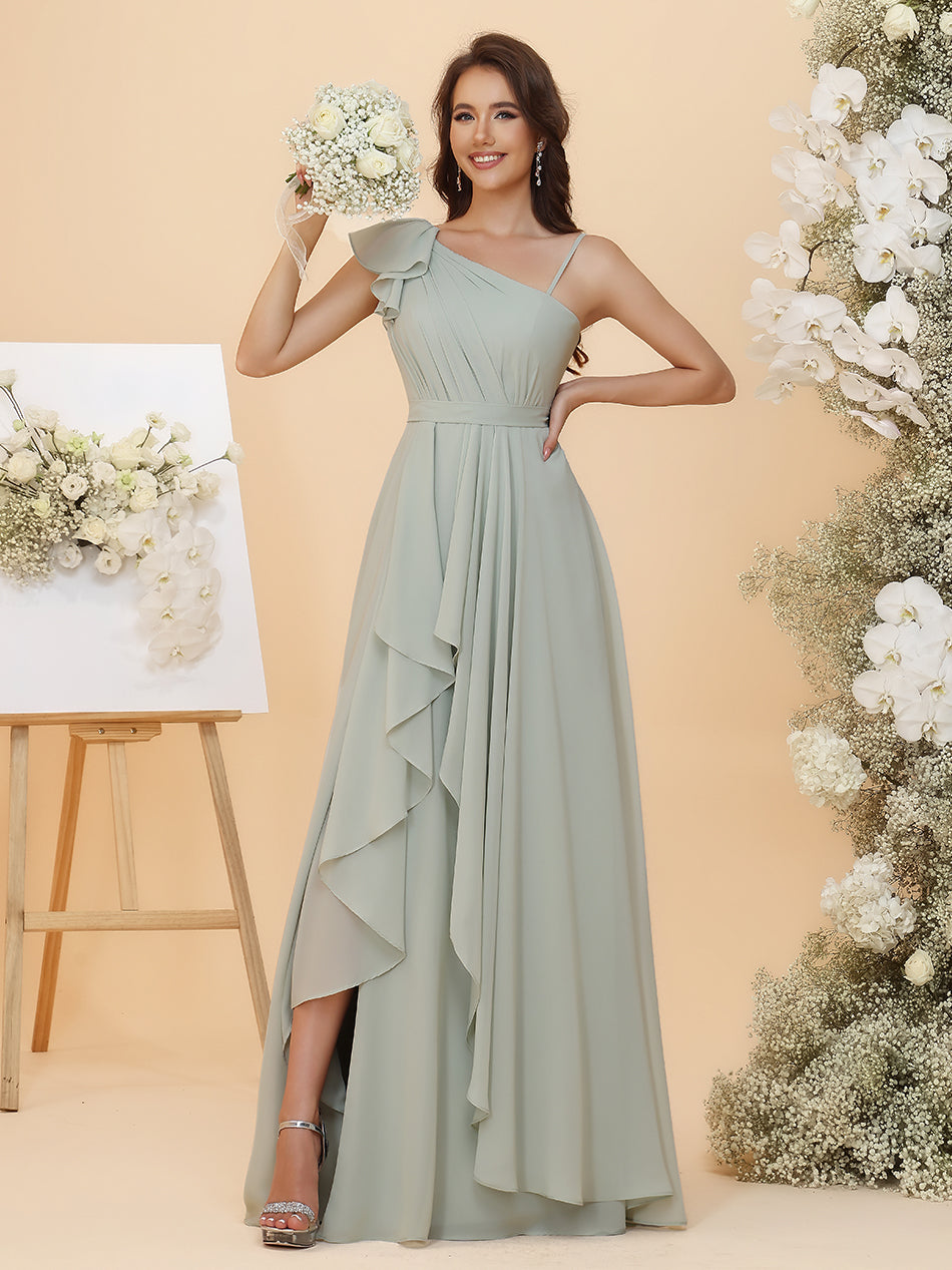 Lightweight Chiffon One Shoulder Ruched Waist Asymmetric Ruffles Maxi Bridesmaid Dresses with Slit
