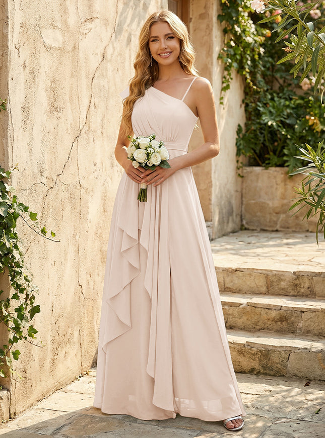 Lightweight Chiffon One Shoulder Ruched Waist Asymmetric Ruffles Maxi Bridesmaid Dresses with Slit
