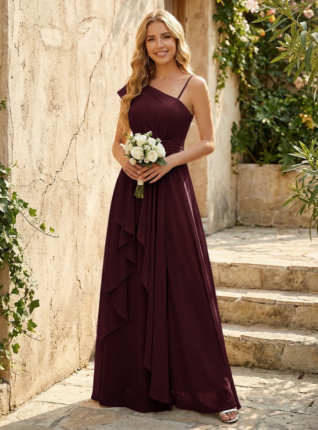 Lightweight Chiffon One Shoulder Ruched Waist Asymmetric Ruffles Maxi Bridesmaid Dresses with Slit