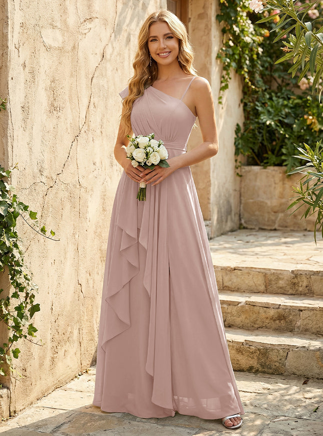 Lightweight Chiffon One Shoulder Ruched Waist Asymmetric Ruffles Maxi Bridesmaid Dresses with Slit