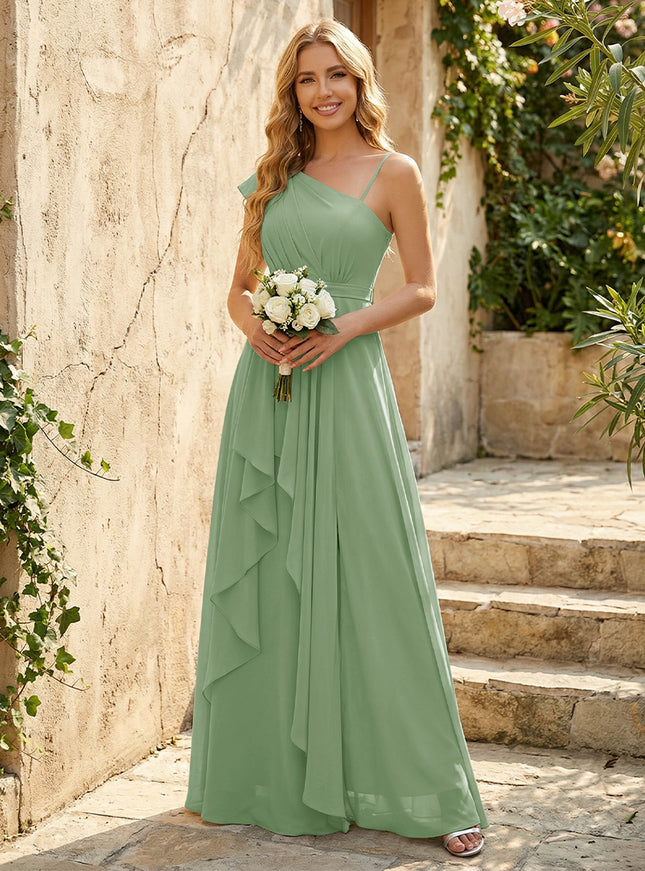 Lightweight Chiffon One Shoulder Ruched Waist Asymmetric Ruffles Maxi Bridesmaid Dresses with Slit