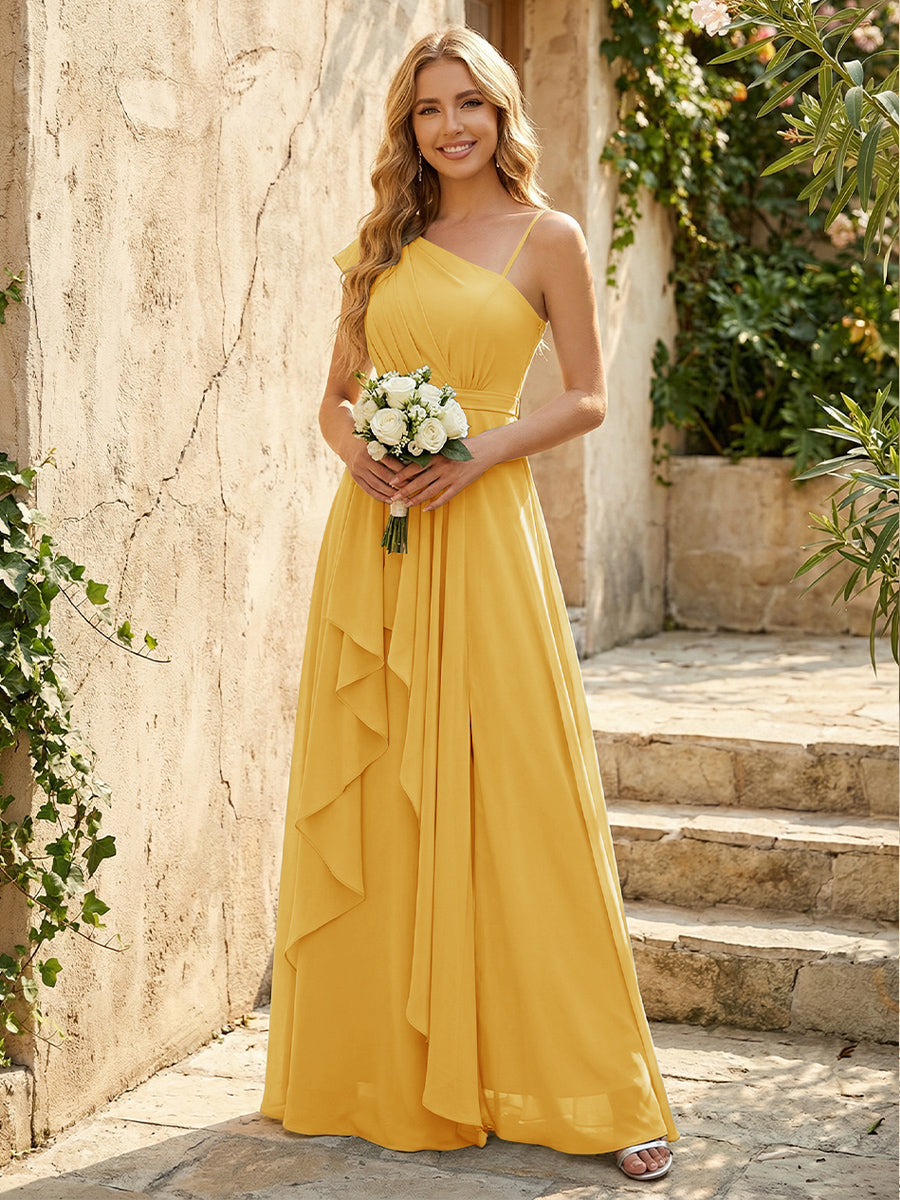 Lightweight Chiffon One Shoulder Ruched Waist Asymmetric Ruffles Maxi Bridesmaid Dresses with Slit