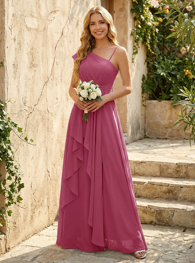 Lightweight Chiffon One Shoulder Ruched Waist Asymmetric Ruffles Maxi Bridesmaid Dresses with Slit