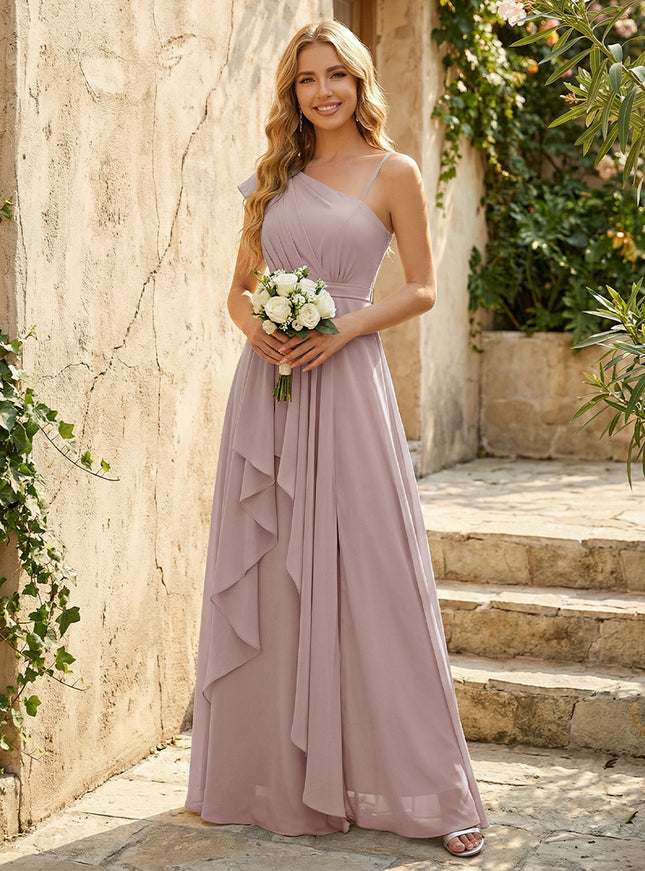 Lightweight Chiffon One Shoulder Ruched Waist Asymmetric Ruffles Maxi Bridesmaid Dresses with Slit