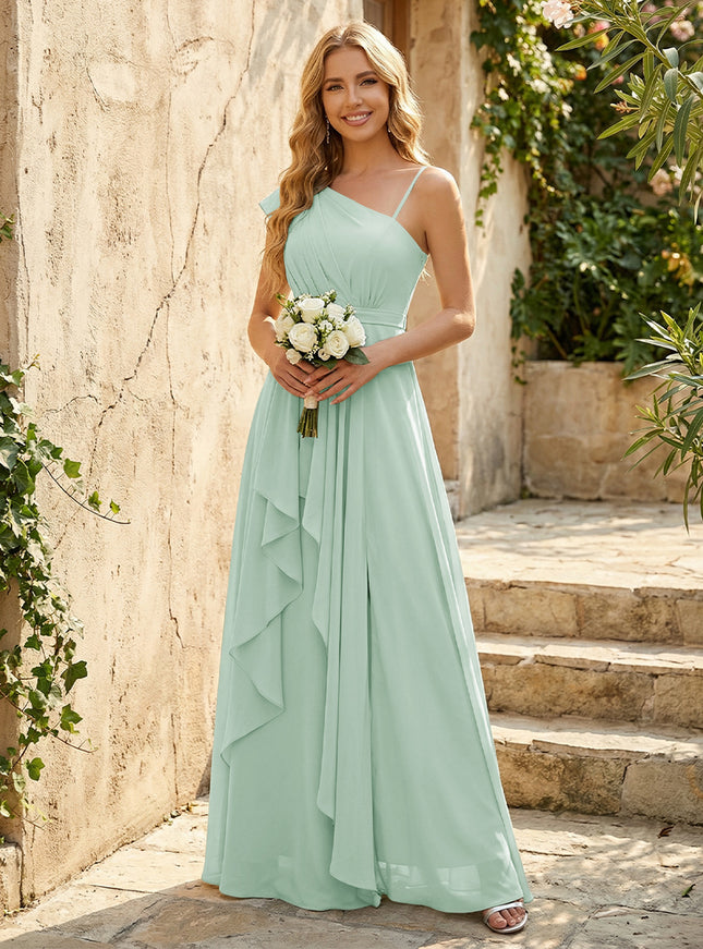 Lightweight Chiffon One Shoulder Ruched Waist Asymmetric Ruffles Maxi Bridesmaid Dresses with Slit
