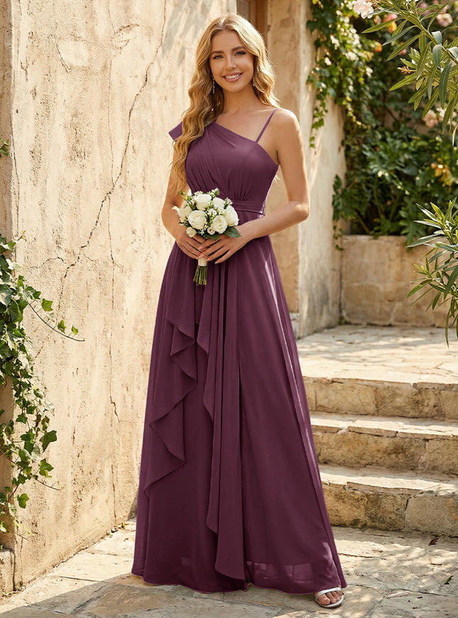 Lightweight Chiffon One Shoulder Ruched Waist Asymmetric Ruffles Maxi Bridesmaid Dresses with Slit
