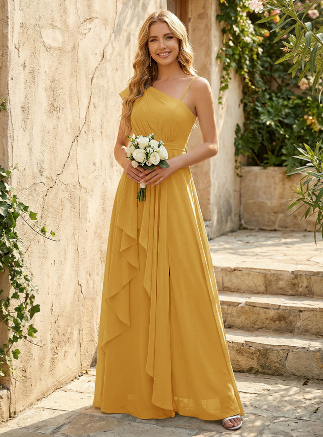 Lightweight Chiffon One Shoulder Ruched Waist Asymmetric Ruffles Maxi Bridesmaid Dresses with Slit