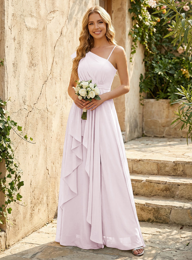 Lightweight Chiffon One Shoulder Ruched Waist Asymmetric Ruffles Maxi Bridesmaid Dresses with Slit