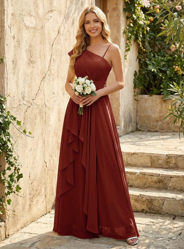 Lightweight Chiffon One Shoulder Ruched Waist Asymmetric Ruffles Maxi Bridesmaid Dresses with Slit