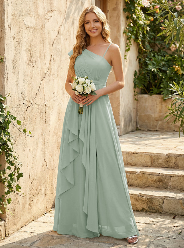 Lightweight Chiffon One Shoulder Ruched Waist Asymmetric Ruffles Maxi Bridesmaid Dresses with Slit