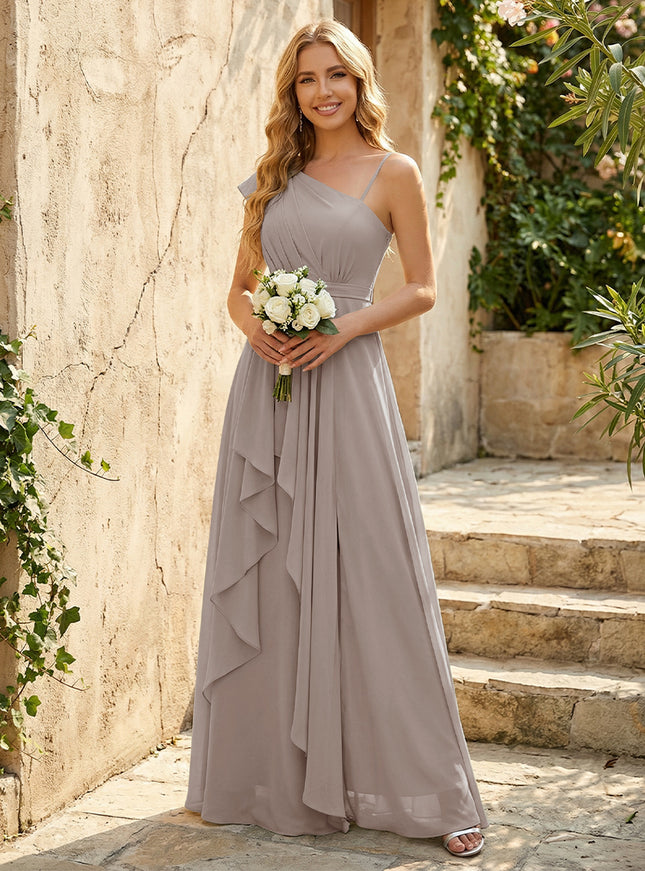 Lightweight Chiffon One Shoulder Ruched Waist Asymmetric Ruffles Maxi Bridesmaid Dresses with Slit