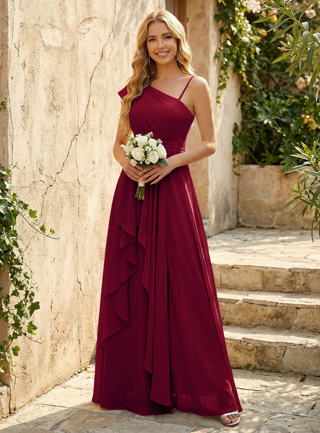 Lightweight Chiffon One Shoulder Ruched Waist Asymmetric Ruffles Maxi Bridesmaid Dresses with Slit