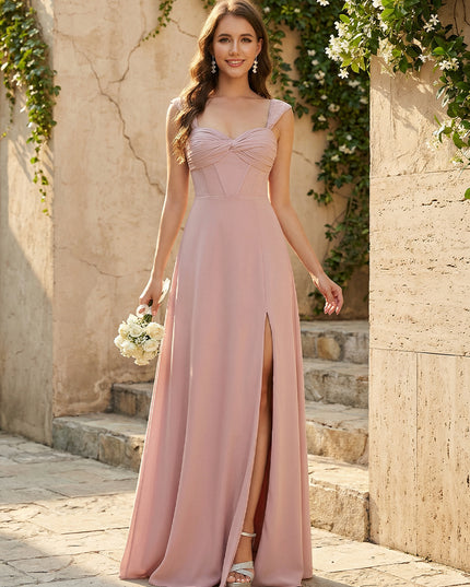 Lightweight Chiffon Sweetheart Corset Maxi Bridesmaid Dresses with Slit