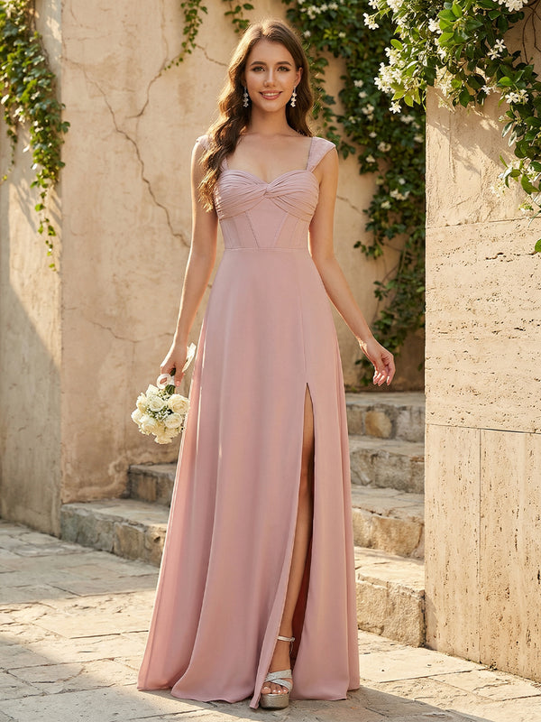 Lightweight Chiffon Sweetheart Corset Maxi Bridesmaid Dresses with Slit