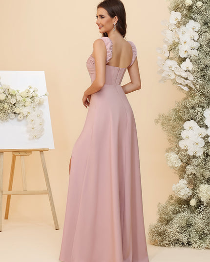 Lightweight Chiffon Sweetheart Corset Maxi Bridesmaid Dresses with Slit