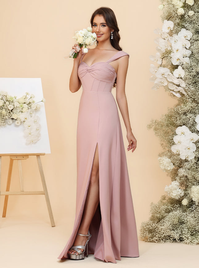 Lightweight Chiffon Sweetheart Corset Maxi Bridesmaid Dresses with Slit