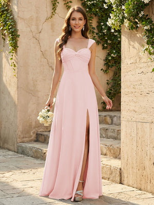 Lightweight Chiffon Sweetheart Corset Maxi Bridesmaid Dresses with Slit