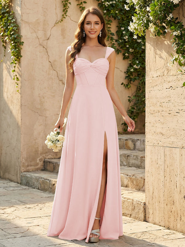 Lightweight Chiffon Sweetheart Corset Maxi Bridesmaid Dresses with Slit
