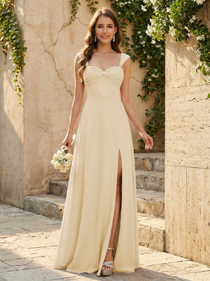 Lightweight Chiffon Sweetheart Corset Maxi Bridesmaid Dresses with Slit