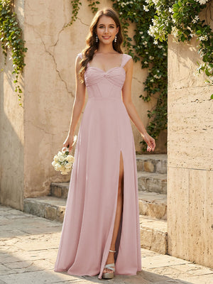 Lightweight Chiffon Sweetheart Corset Maxi Bridesmaid Dresses with Slit