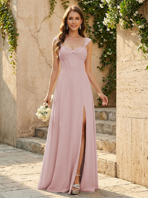 Lightweight Chiffon Sweetheart Corset Maxi Bridesmaid Dresses with Slit