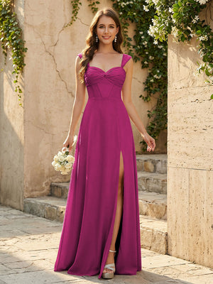 Lightweight Chiffon Sweetheart Corset Maxi Bridesmaid Dresses with Slit