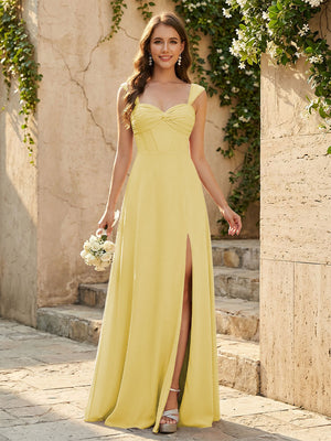 Lightweight Chiffon Sweetheart Corset Maxi Bridesmaid Dresses with Slit