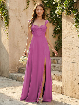 Lightweight Chiffon Sweetheart Corset Maxi Bridesmaid Dresses with Slit