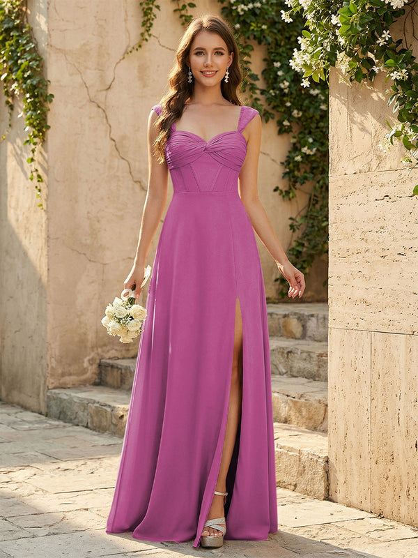 Lightweight Chiffon Sweetheart Corset Maxi Bridesmaid Dresses with Slit