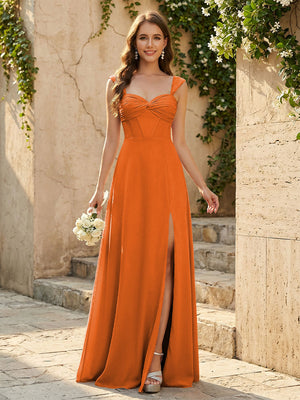 Lightweight Chiffon Sweetheart Corset Maxi Bridesmaid Dresses with Slit