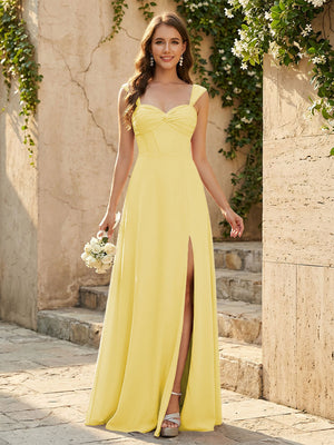 Lightweight Chiffon Sweetheart Corset Maxi Bridesmaid Dresses with Slit