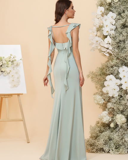 Satin Square Neck Ruched Waist Sheath Maxi Bridesmaid Dresses with Sashes