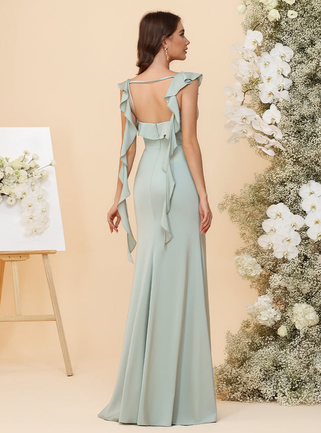 Satin Square Neck Ruched Waist Sheath Maxi Bridesmaid Dresses with Sashes