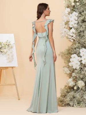 Satin Square Neck Ruched Waist Sheath Maxi Bridesmaid Dresses with Sashes