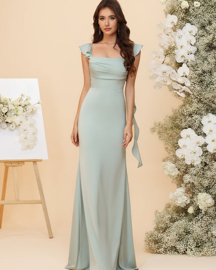 Satin Square Neck Ruched Waist Sheath Maxi Bridesmaid Dresses with Sashes