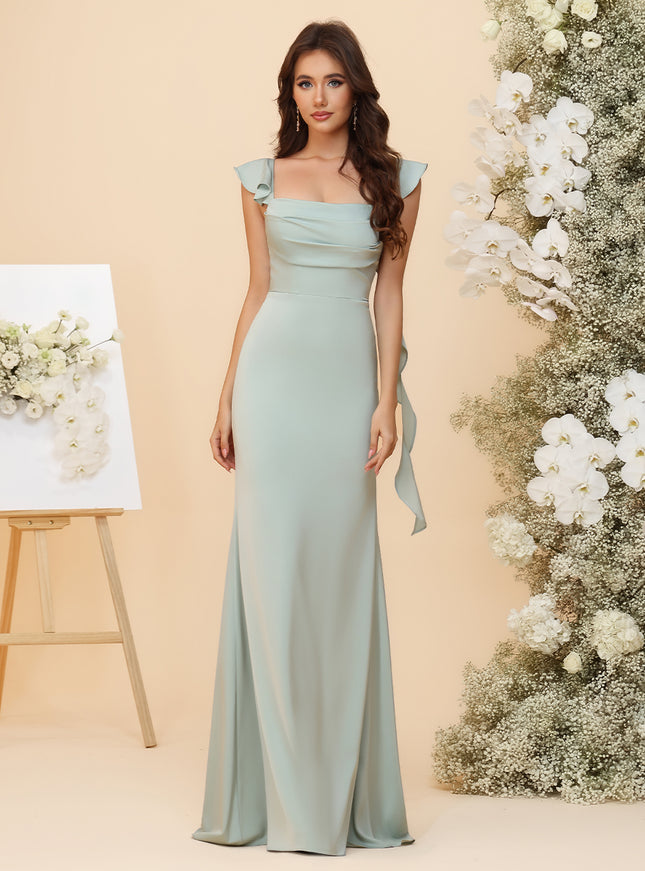 Satin Square Neck Ruched Waist Sheath Maxi Bridesmaid Dresses with Sashes