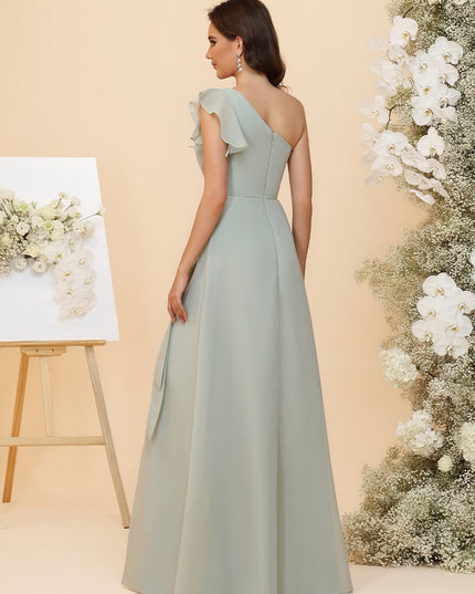 Chiffon One Shoulder Ruched Waist A-Line Maxi Bridesmaid Dresses with Slit