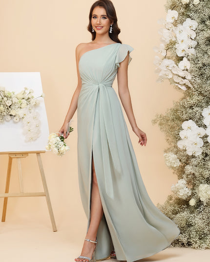 Chiffon One Shoulder Ruched Waist A-Line Maxi Bridesmaid Dresses with Slit
